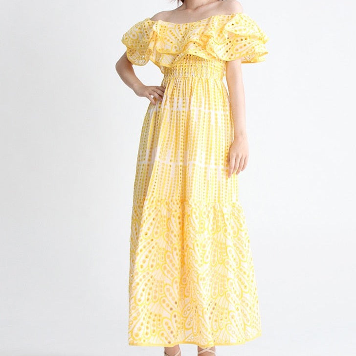 eyelet off the shoulder dress Eyelet Off Shoulder Maxi Dress with Scalloped Hem